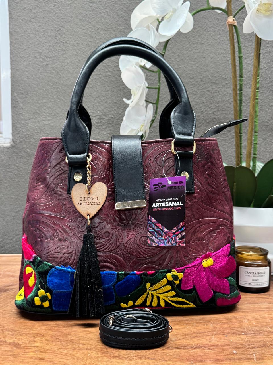 BOLSA SAIRA FLORES BORDADO-PIEL VINO