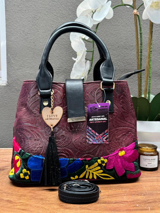 BOLSA SAIRA FLORES BORDADO-PIEL VINO