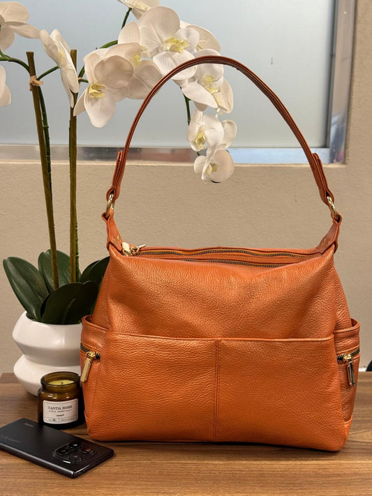 BOLSO 100% PIEL SUECIA NARANJA METÁLICO