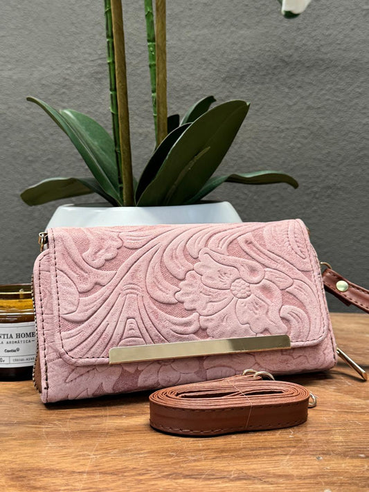 CARTERA CINCELADA ANA GRABADO PRIMAVERA ROSA PASTEL