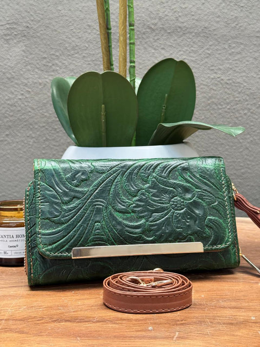 CARTERA CINCELADA ANA GRABADO PRIMAVERA VERDE OLIVA