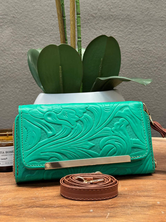 CARTERA CINCELADA ANA GRABADO PRIMAVERA VERDE ESMERALDA