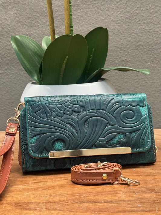CARTERA CINCELADA ANA GRABADO PRIMAVERA VERDE BOTELLA