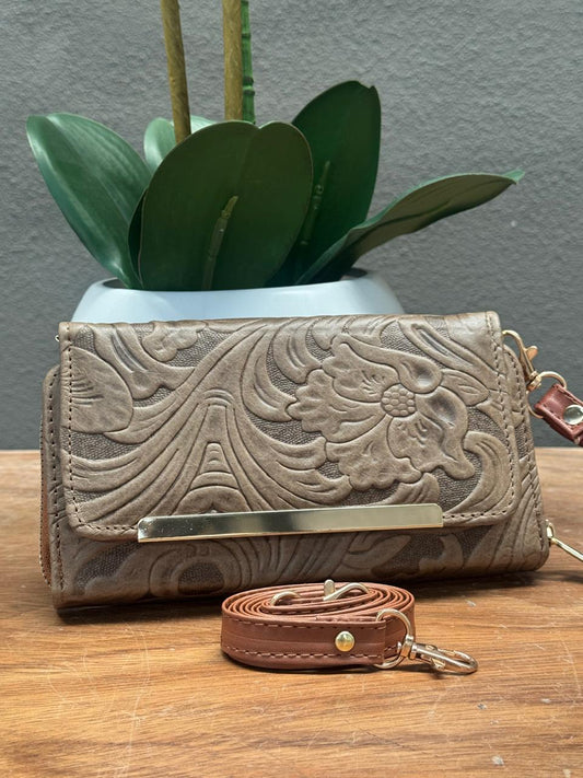 CARTERA CINCELADA ANA GRABADO PRIMAVERA MARRON