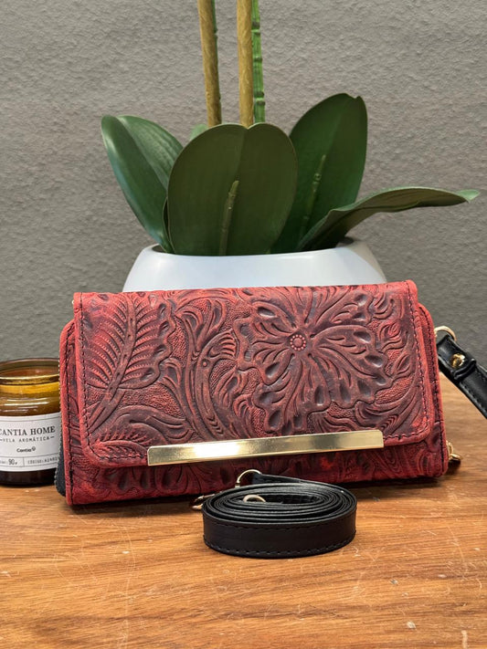 CARTERA CINCELADA ANA GRABADO PRIMAVERA ROJO QUEMADO