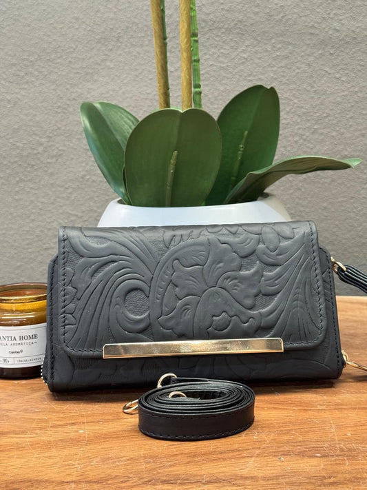CARTERA CINCELADA ANA GRABADO PRIMAVERA NEGRO