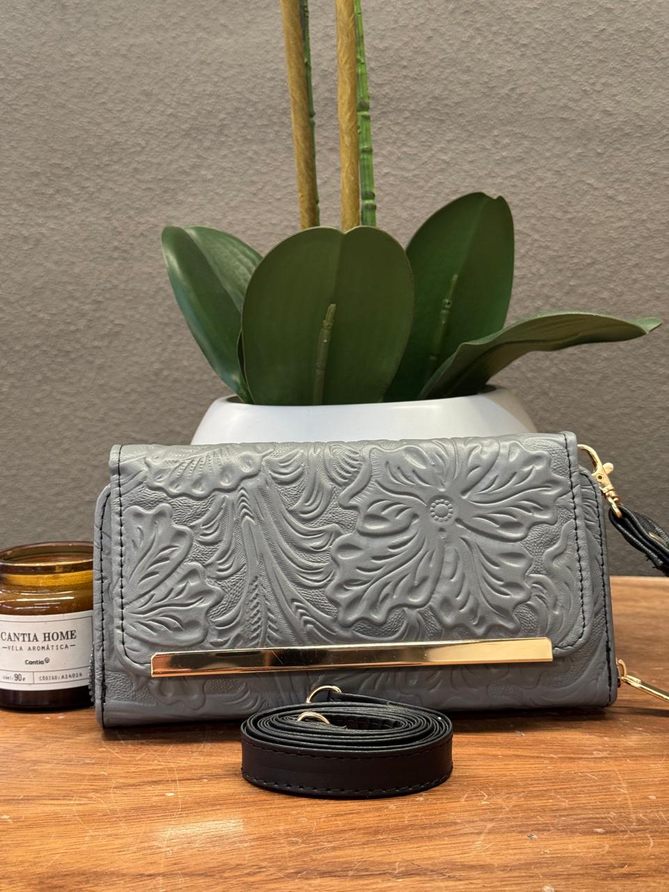 CARTERA CINCELADA ANA GRABADO PRIMAVERA GRIS