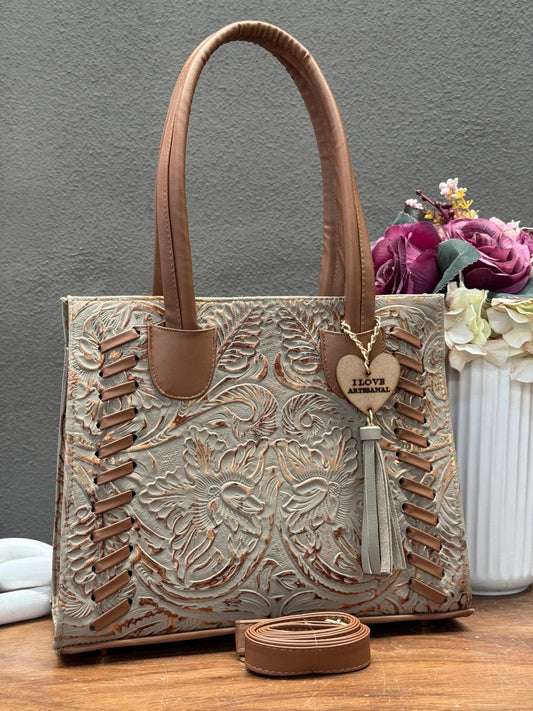 BOLSA TEJIDA PIEL DE FLORES ARENA/COBRE