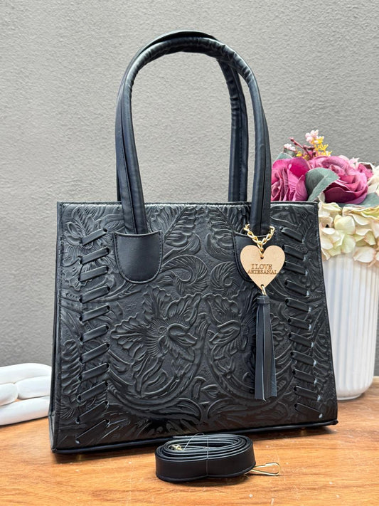BOLSA TEJIDA PIEL DE FLORES NEGRO