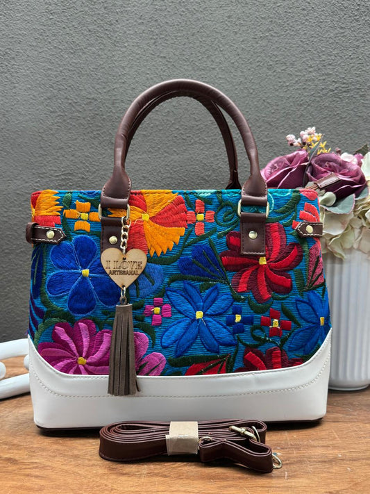 BOLSA TOKIO BORDADO COLORES-PIEL BLANCO/CAFE