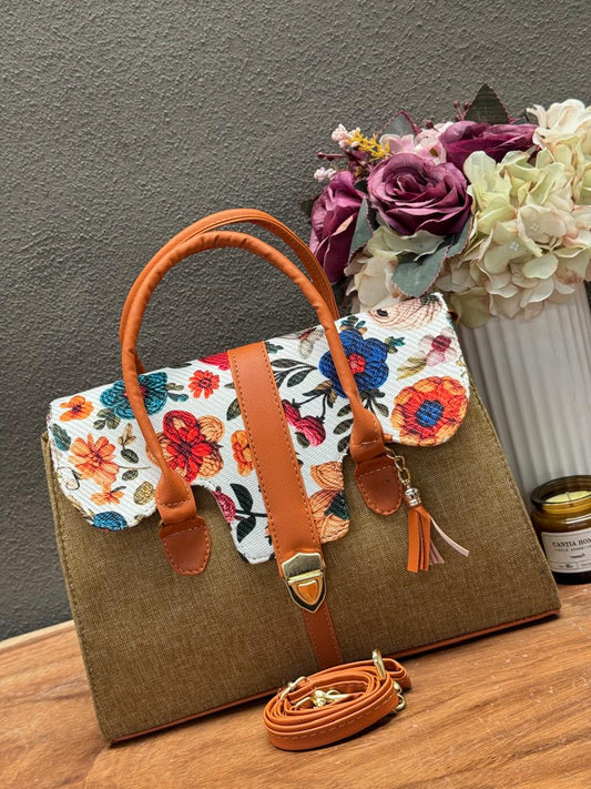 BOLSO MALETIN YUTE ARENA/CAFE TAPA FLORES
