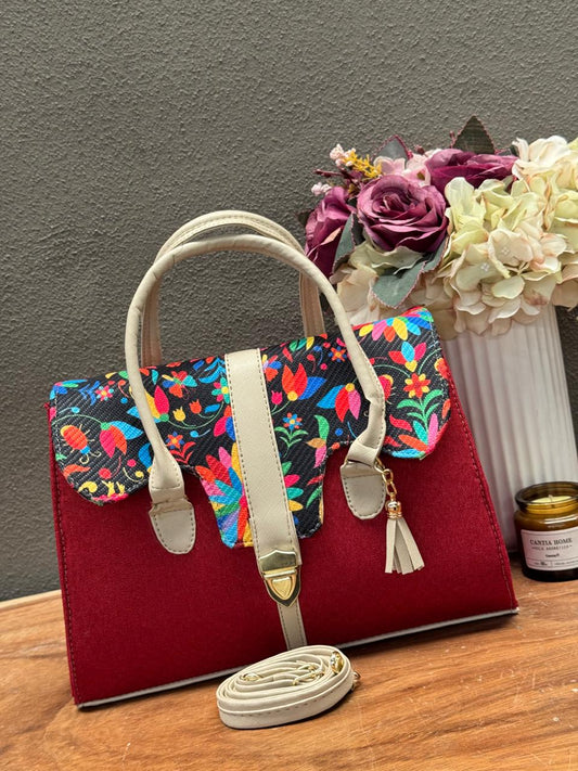 BOLSO MALETIN YUTE VINO/HUESO TAPA OTOMI