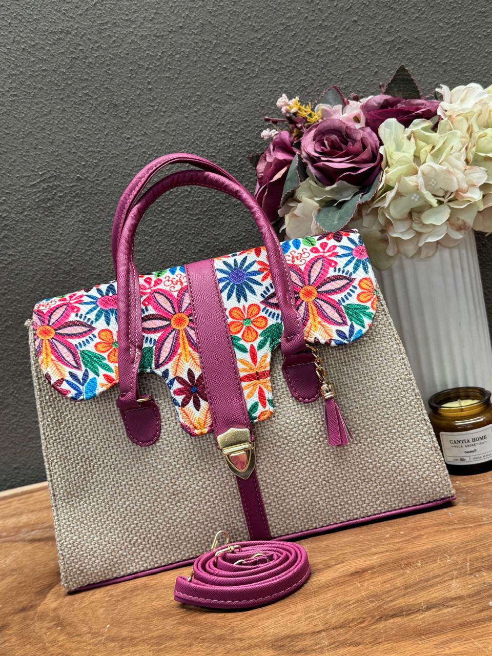 BOLSO MALETIN YUTE ARENA/AMAPOLA TAPA FLORES