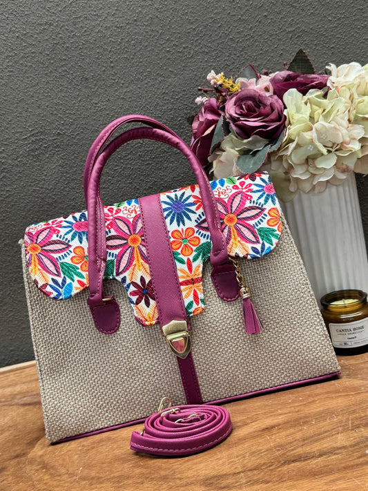 BOLSO MALETIN YUTE ARENA/AMAPOLA TAPA FLORES