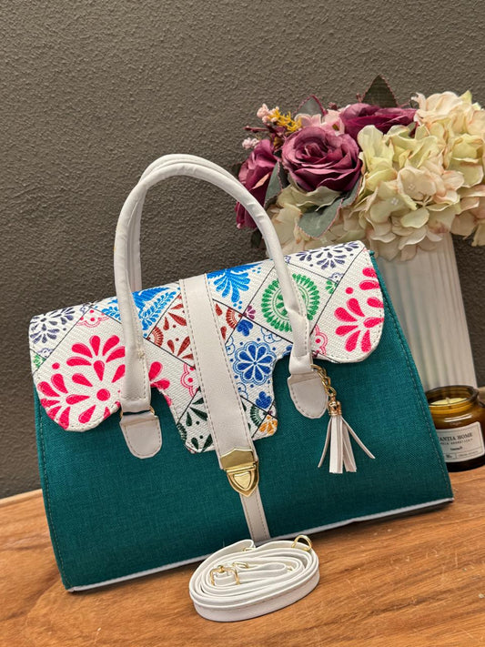 BOLSO MALETIN YUTE ESMERALDA/BLANCO TAPA FIGURAS