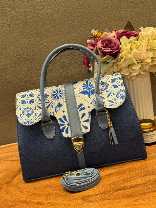 BOLSO MALETIN YUTE AZUL/BLANCO TAPA TALAVERA
