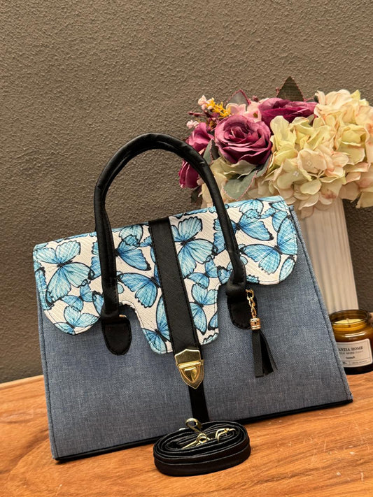 BOLSO MALETIN YUTE AZUL/NEGRO TAPA MARIPOSAS