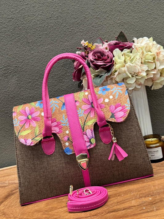 BOLSO MALETIN YUTE CAFE/FIUSHA TAPA FLORES