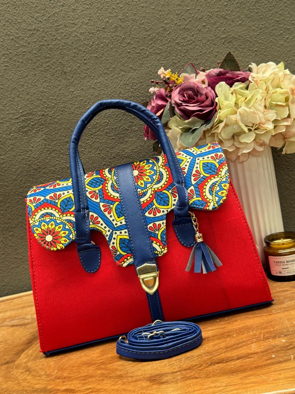 BOLSO MALETIN YUTE ROJO/AZUL TAPA MANDALAS FONDO COBALTO
