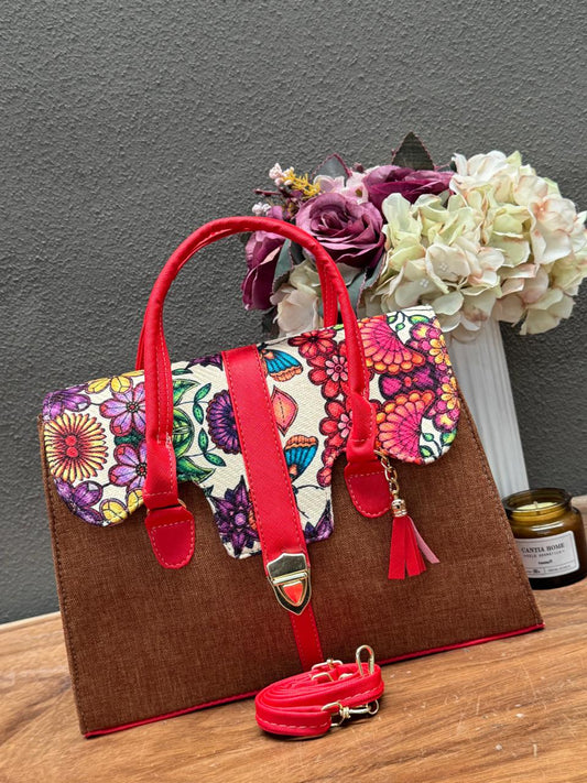 BOLSO MALETIN YUTE CAFE/ROJO TAPA FLORES