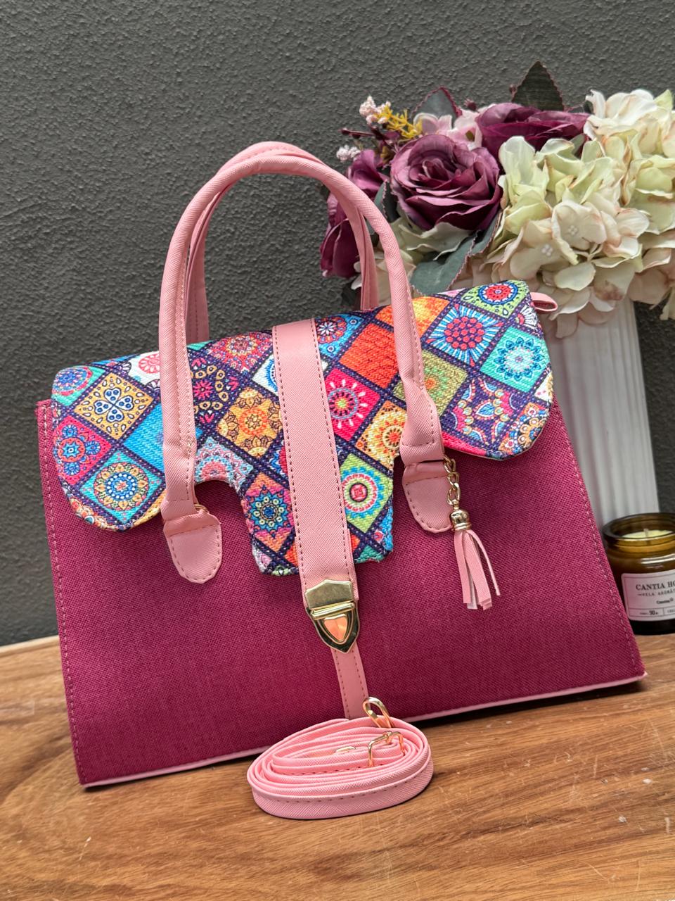 BOLSO MALETIN YUTE FIUSHA/ROSA PASTEL TAPA FIGURAS