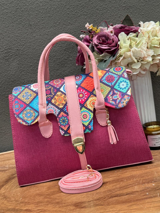 BOLSO MALETIN YUTE FIUSHA/ROSA PASTEL TAPA FIGURAS