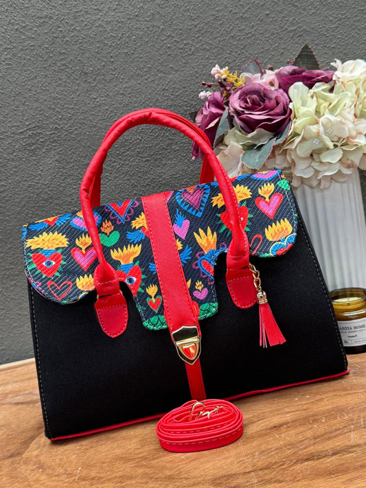 BOLSO MALETIN YUTE NEGRO/ROJO TAPA CORAZONES