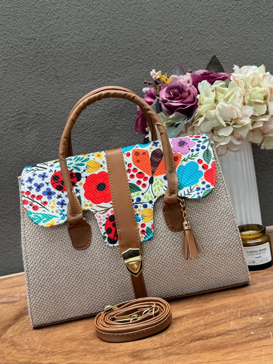 BOLSO MALETIN YUTE HUESO/CAMEL TAPA FLORES