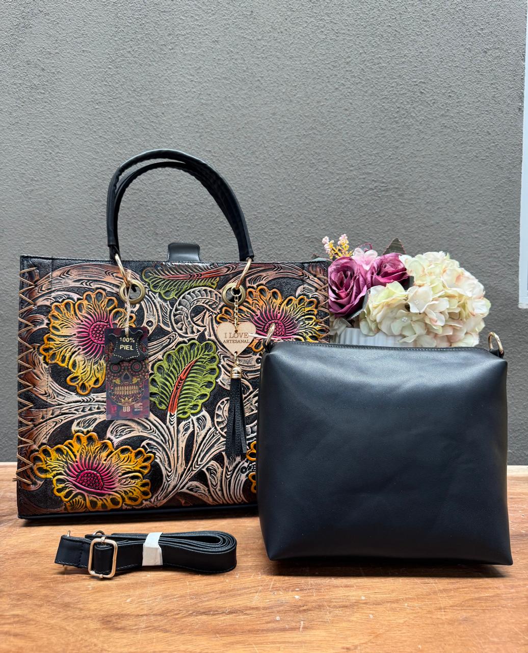 UB DUO ARTESANAL COMBO FLORES COLORES PIEL NEGRO