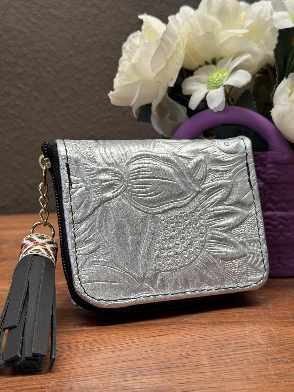 MONEDERO PIEL PLATA GIRASOLES