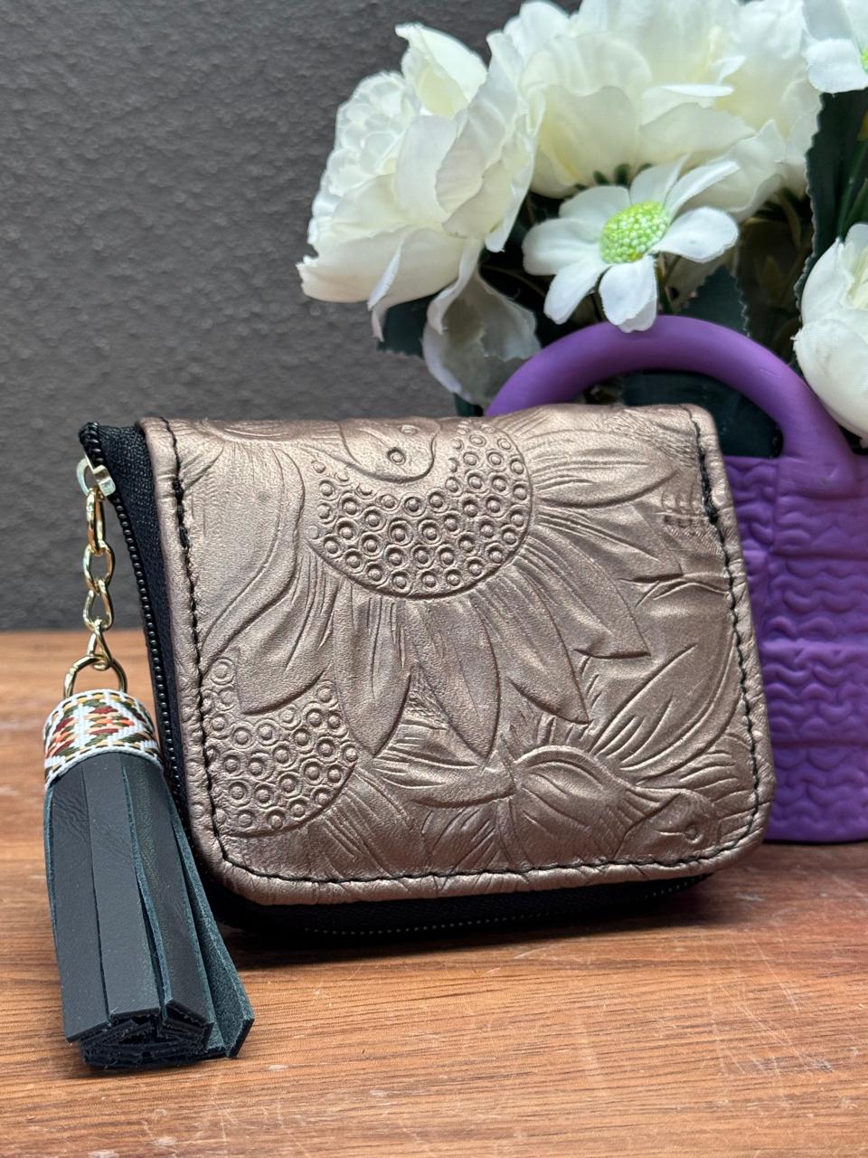 MONEDERO PIEL COBRE GIRASOLES