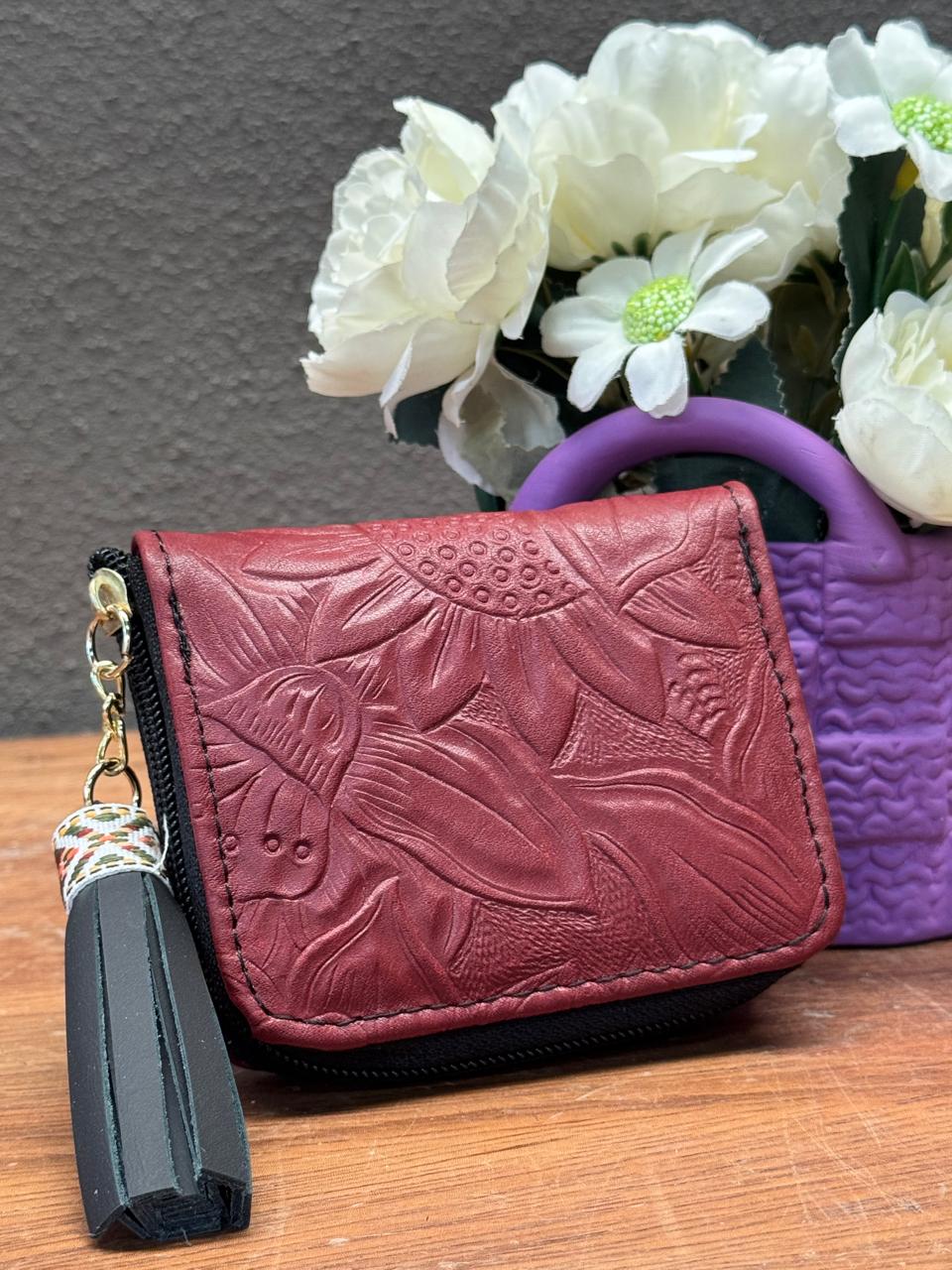 MONEDERO PIEL MERLOT GIRASOLES