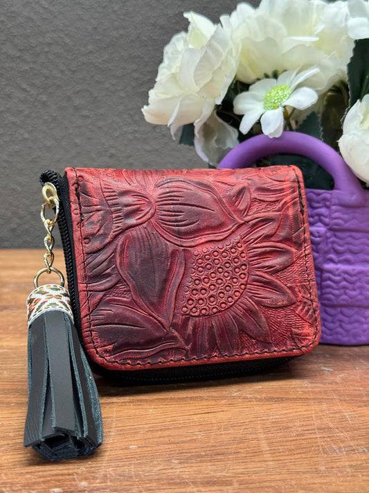 MONEDERO PIEL ROJO QUEMADO GIRASOLES