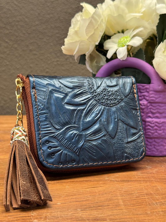 MONEDERO PIEL AZUL METALICO GIRASOLES