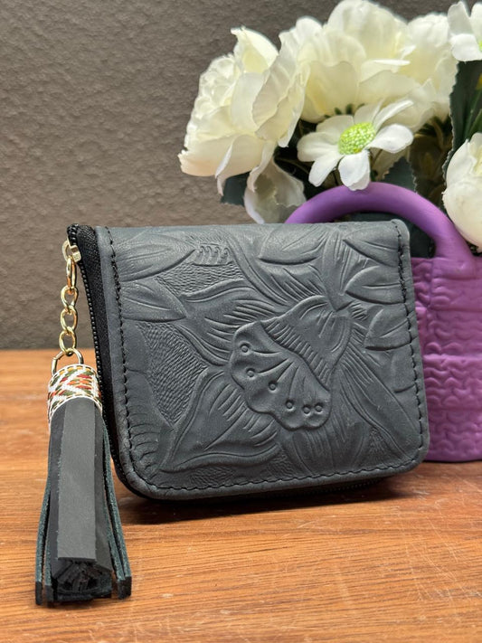 MONEDERO PIEL NEGRO GIRASOLES