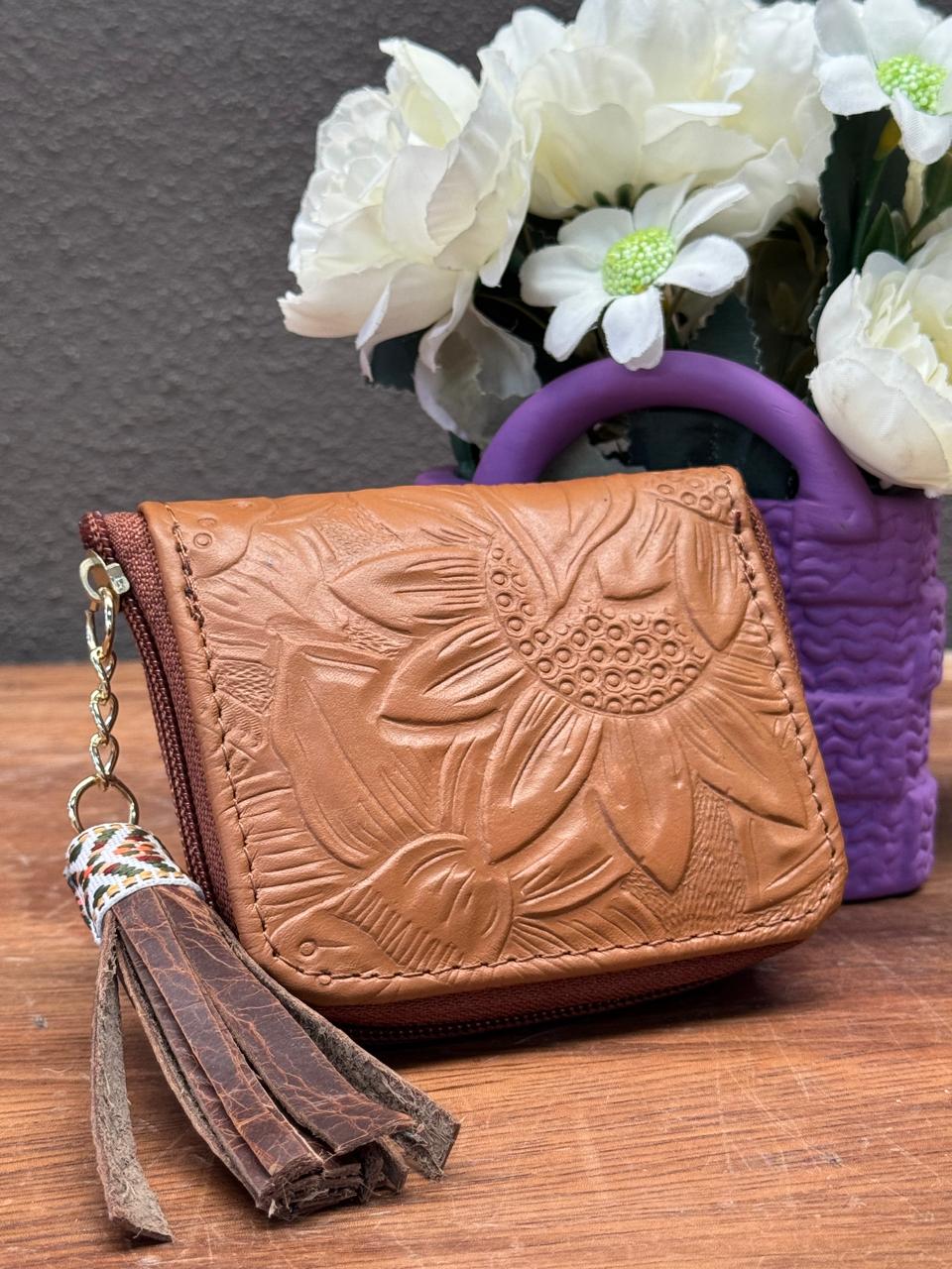 MONEDERO PIEL CAMEL GIRASOLES