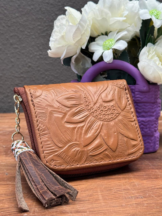 MONEDERO PIEL CAMEL GIRASOLES