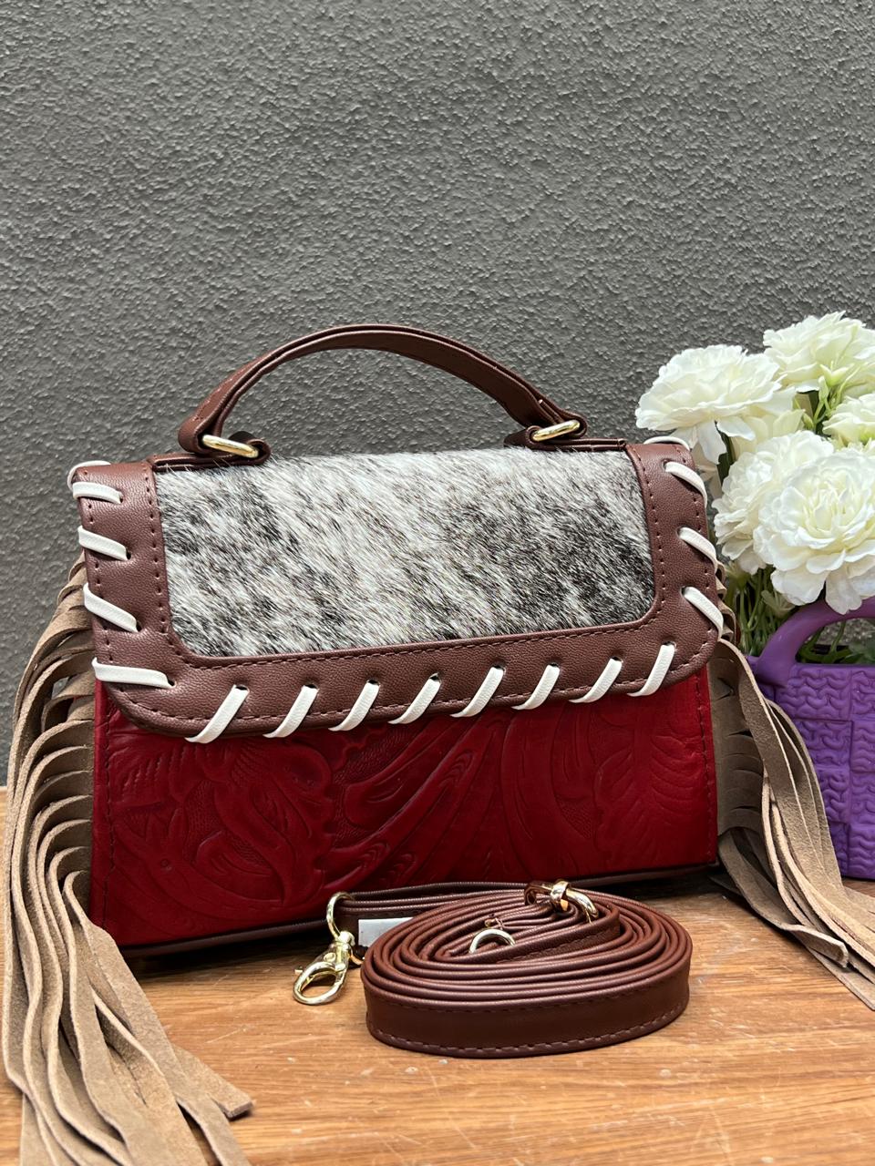 CROSSBODY FABIOLA PELO Y BARBAS VARIABLE PIEL ROJO/CAMEL