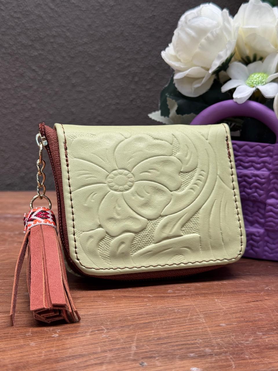 MONEDERO PIEL CINCELADO PRIMAVERA VERDE LIMON