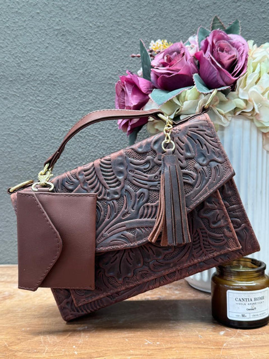 CROSSBODY PALOMA GRABADO HOJAS MARRON