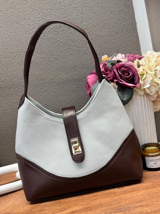 BOLSO 100% PIEL BÉLGICA HUESO/CAFE EFECTO