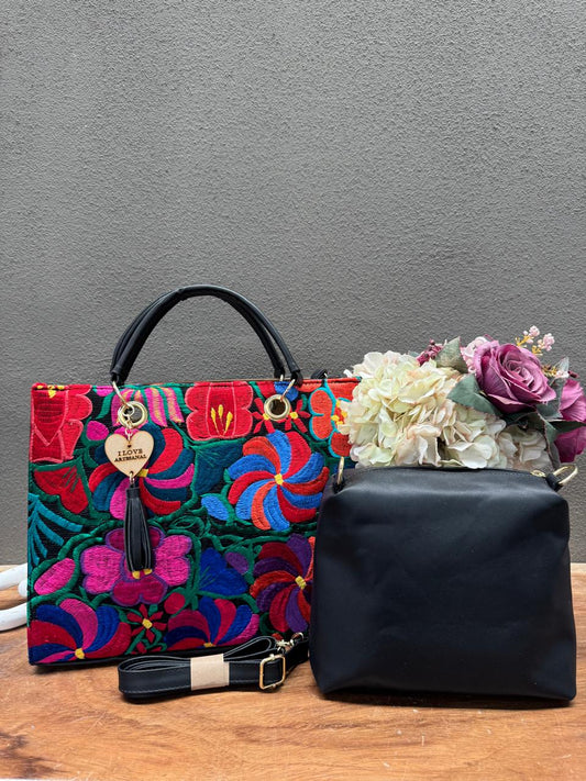 COMBO NATALIA BORDADO FLORES DE COLORES FONDO NEGRO