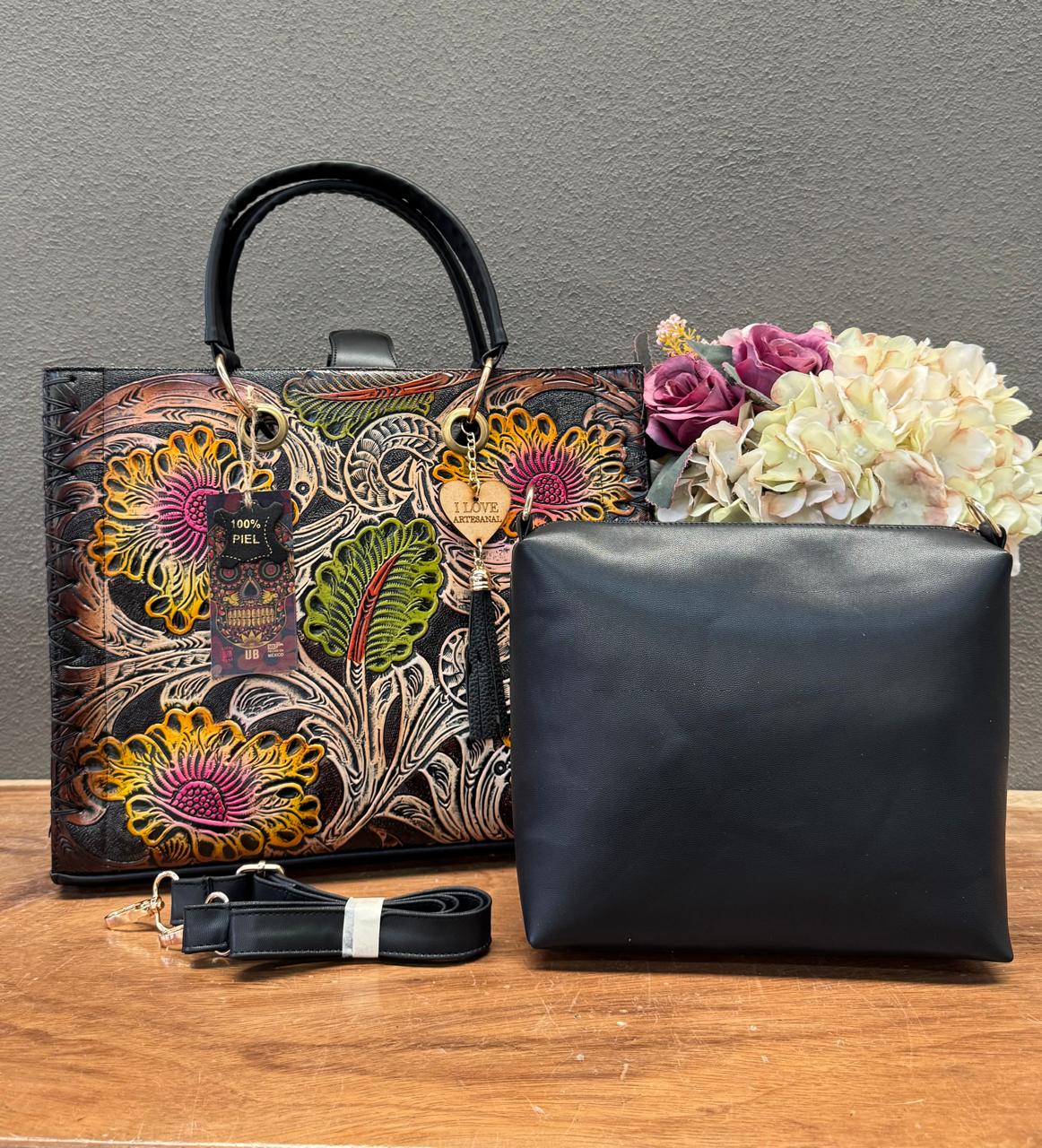 UB DUO ARTESANAL COMBO FLORES COLORES PIEL NEGRO