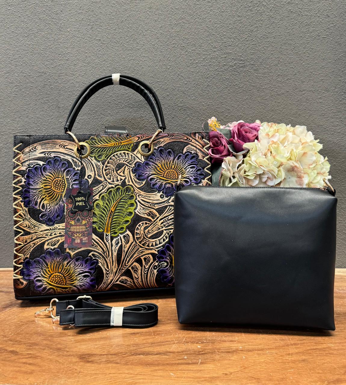 UB DUO ARTESANAL COMBO FLORES COLORES PIEL NEGRO