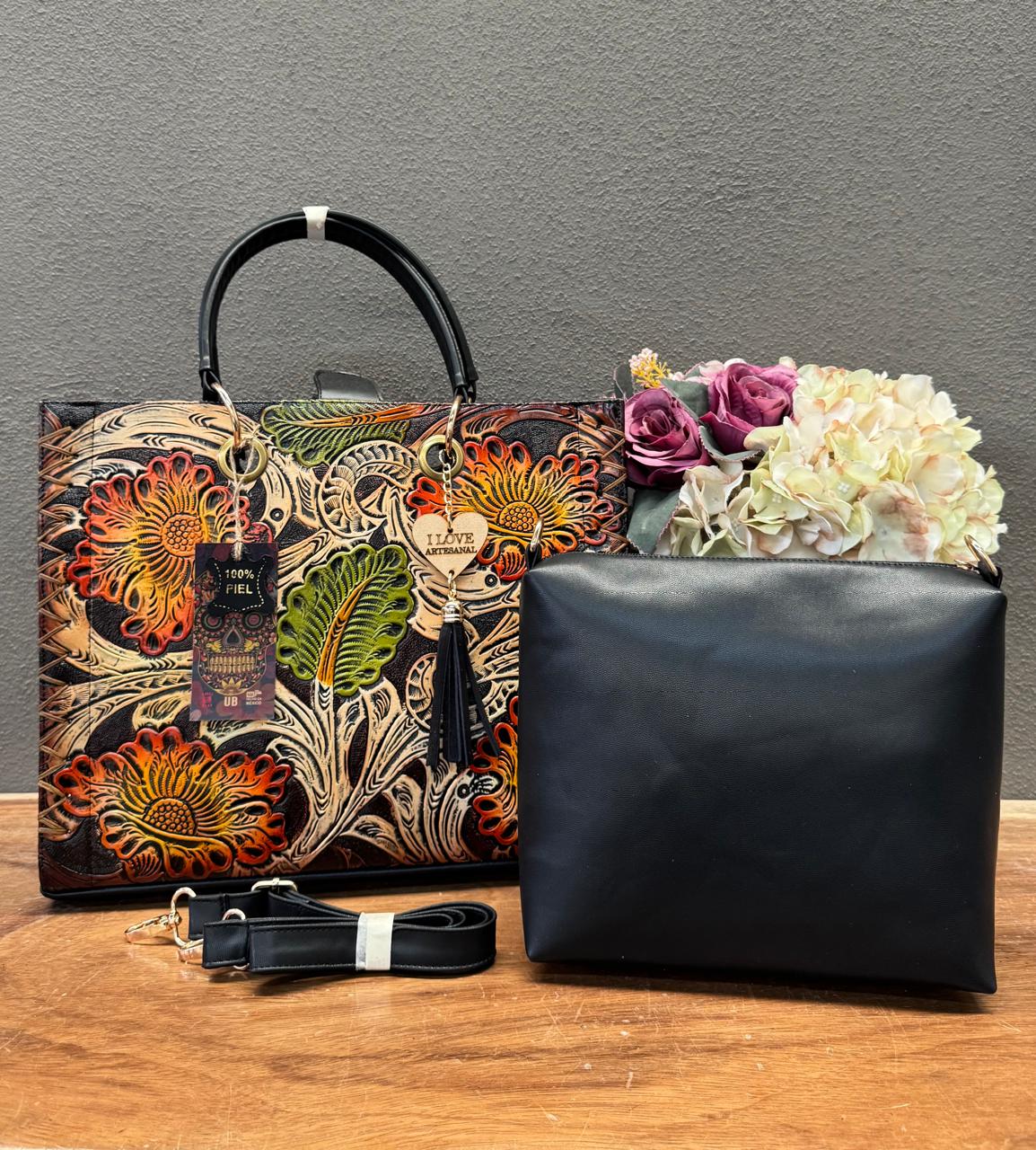 UB DUO ARTESANAL COMBO FLORES COLORES PIEL NEGRO
