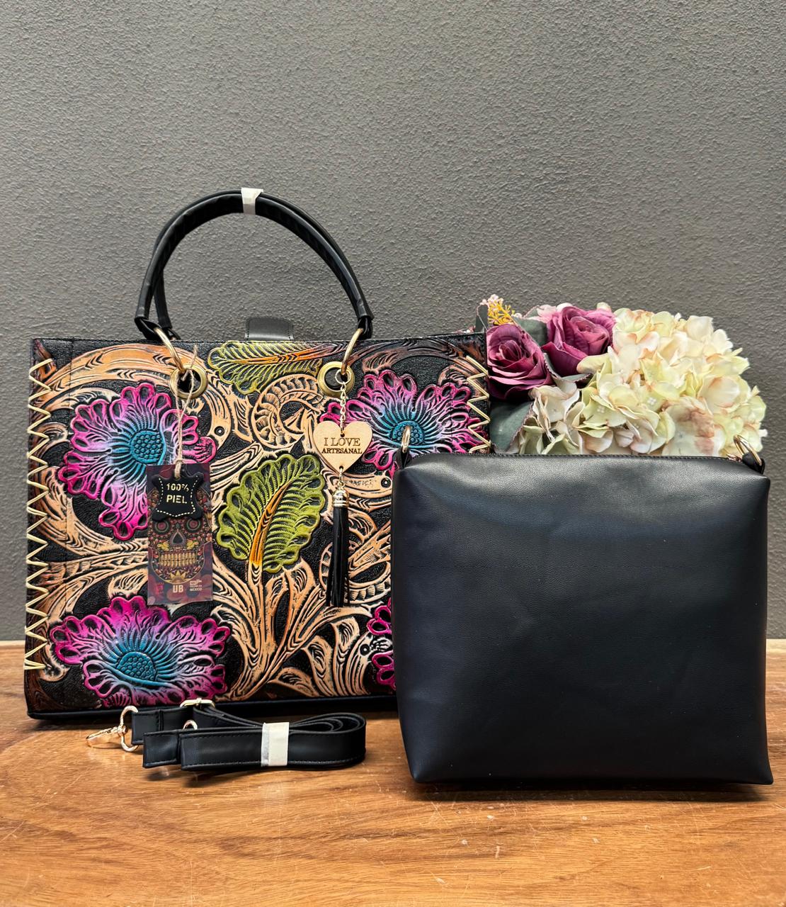 UB DUO ARTESANAL COMBO FLORES COLORES PIEL NEGRO