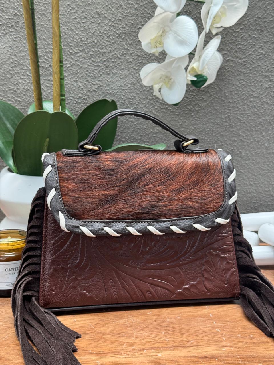 CROSSBODY FABIOLA PELO Y BARBAS CHOCOLATE PIEL COMINO