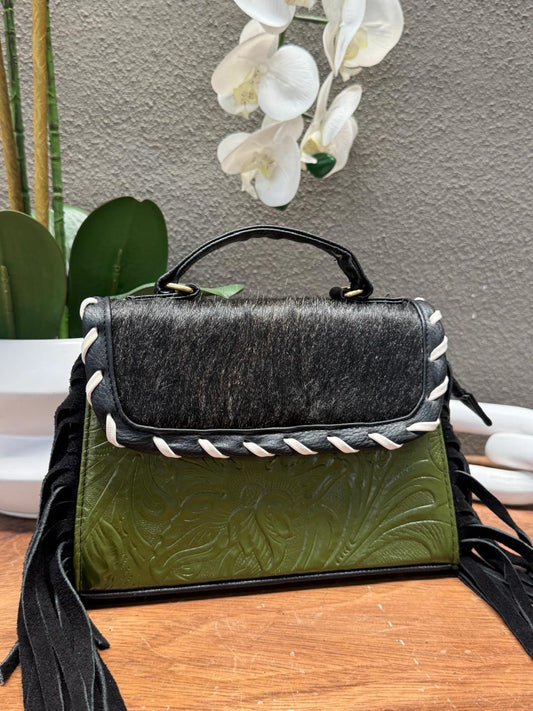 CROSSBODY FABIOLA PELO Y BARBAS VERDE OLIVO