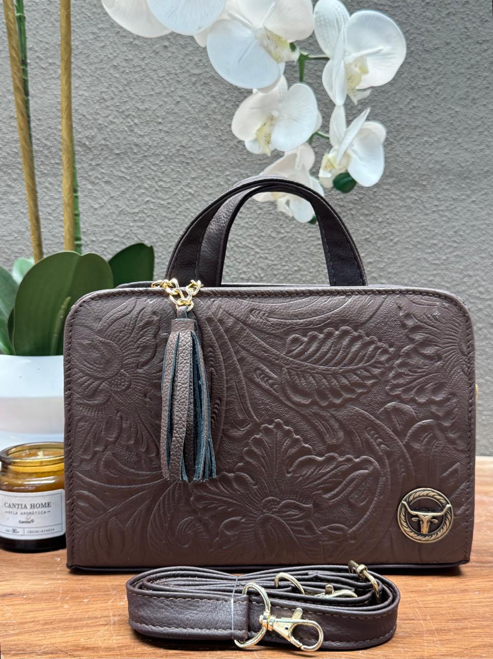 CROSSBODY ARTESANAL TANIA GRABADO FLORES CHOCOLATE