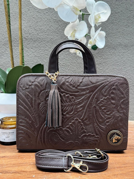 CROSSBODY ARTESANAL TANIA GRABADO FLORES CHOCOLATE
